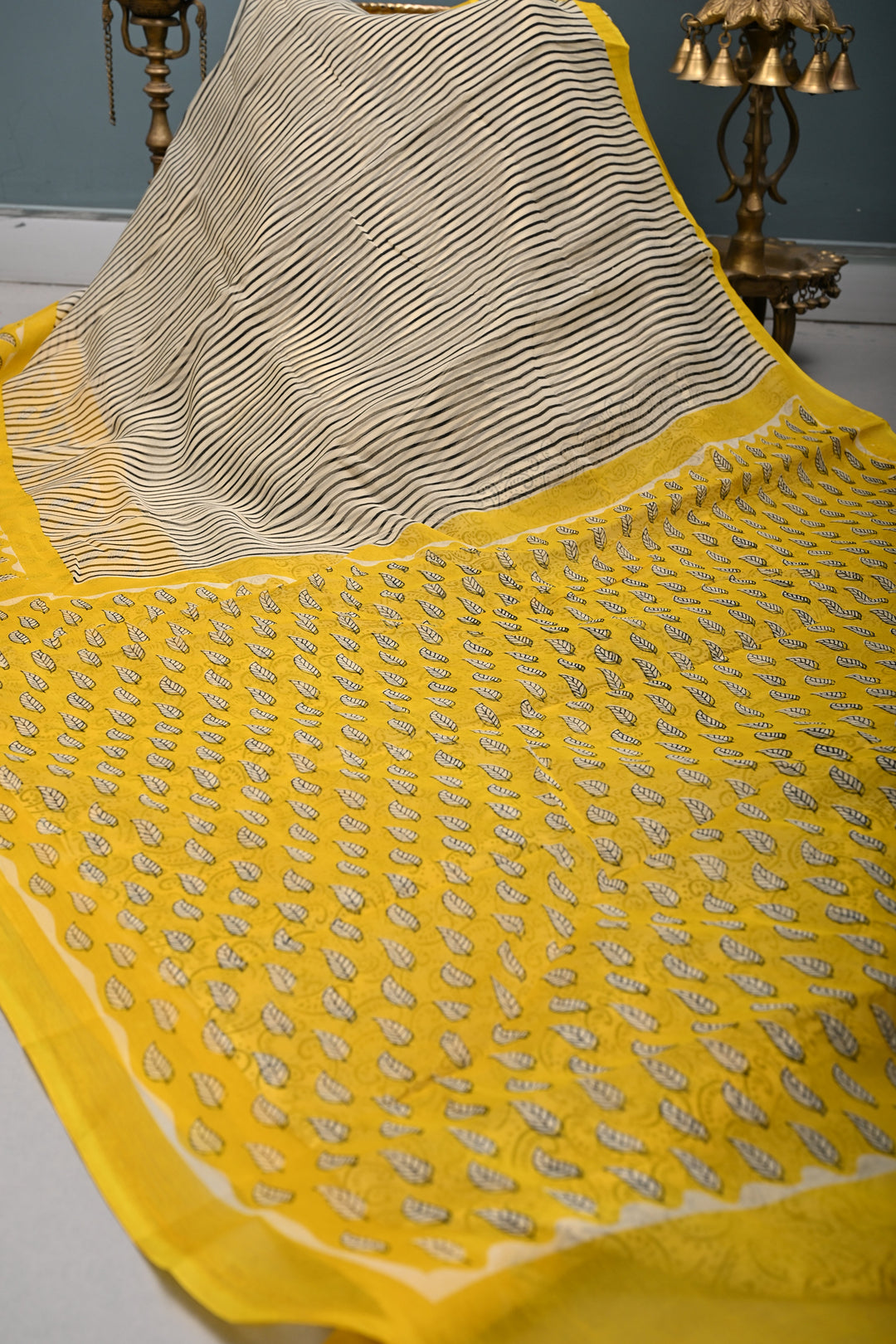 Beige-White Georgette Saree with Hand Block Print Stripes and Contrast Border  | SHOBITAM