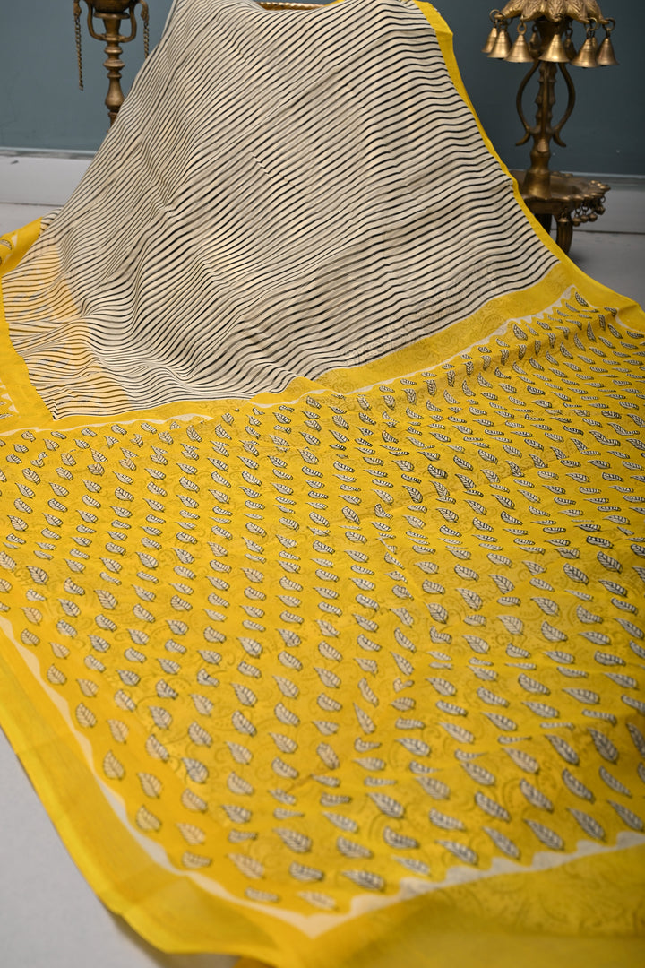 Beige-White Georgette Saree with Hand Block Print Stripes and Contrast Border  | SHOBITAM