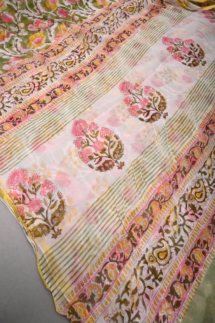 Sap Green Georgette Saree with Sanganeri Hand Block Print and Minimal Tissue Border   | SHOBITAM