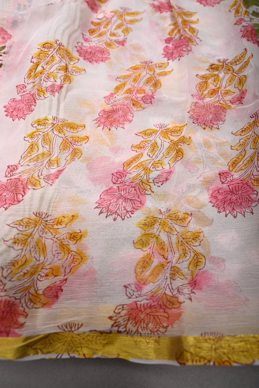 Sap Green Georgette Saree with Sanganeri Hand Block Print and Minimal Tissue Border   | SHOBITAM
