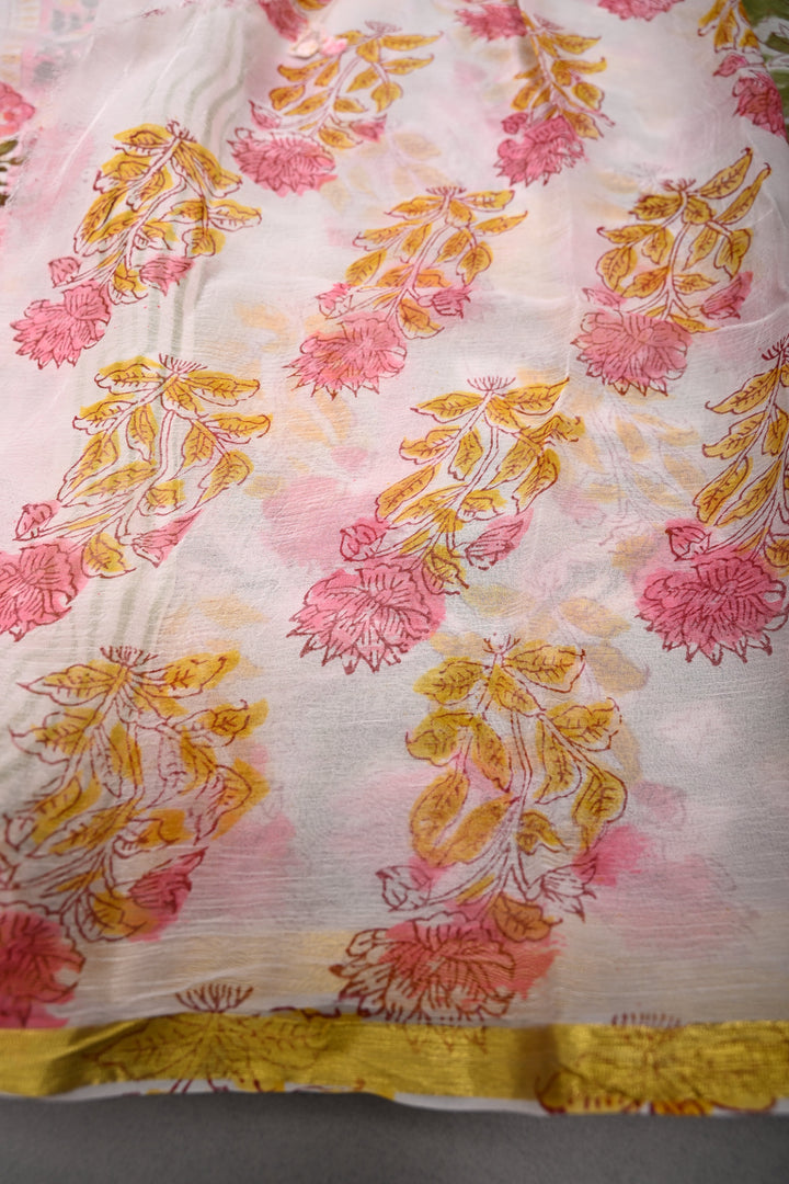 Sap Green Georgette Saree with Sanganeri Hand Block Print and Minimal Tissue Border   | SHOBITAM
