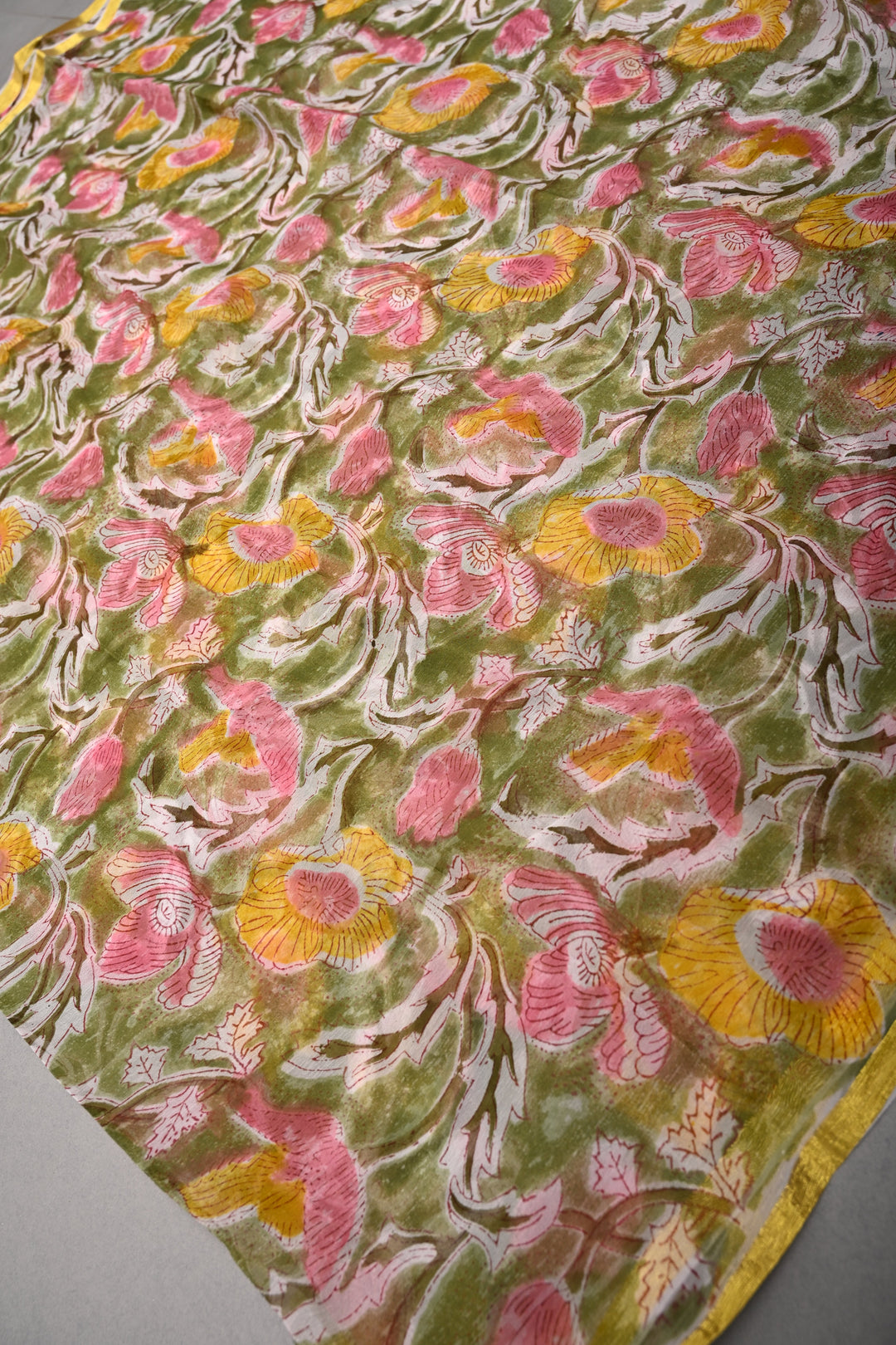 Sap Green Georgette Saree with Sanganeri Hand Block Print and Minimal Tissue Border   | SHOBITAM