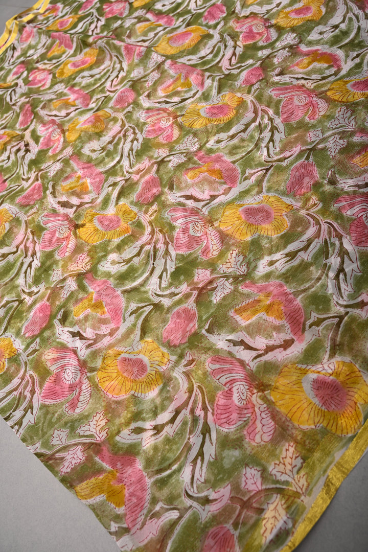 Sap Green Georgette Saree with Sanganeri Hand Block Print and Minimal Tissue Border   | SHOBITAM