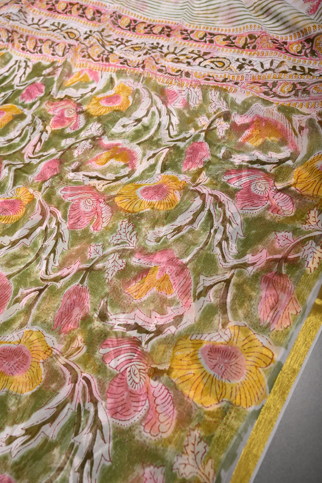 Sap Green Georgette Saree with Sanganeri Hand Block Print and Minimal Tissue Border   | SHOBITAM