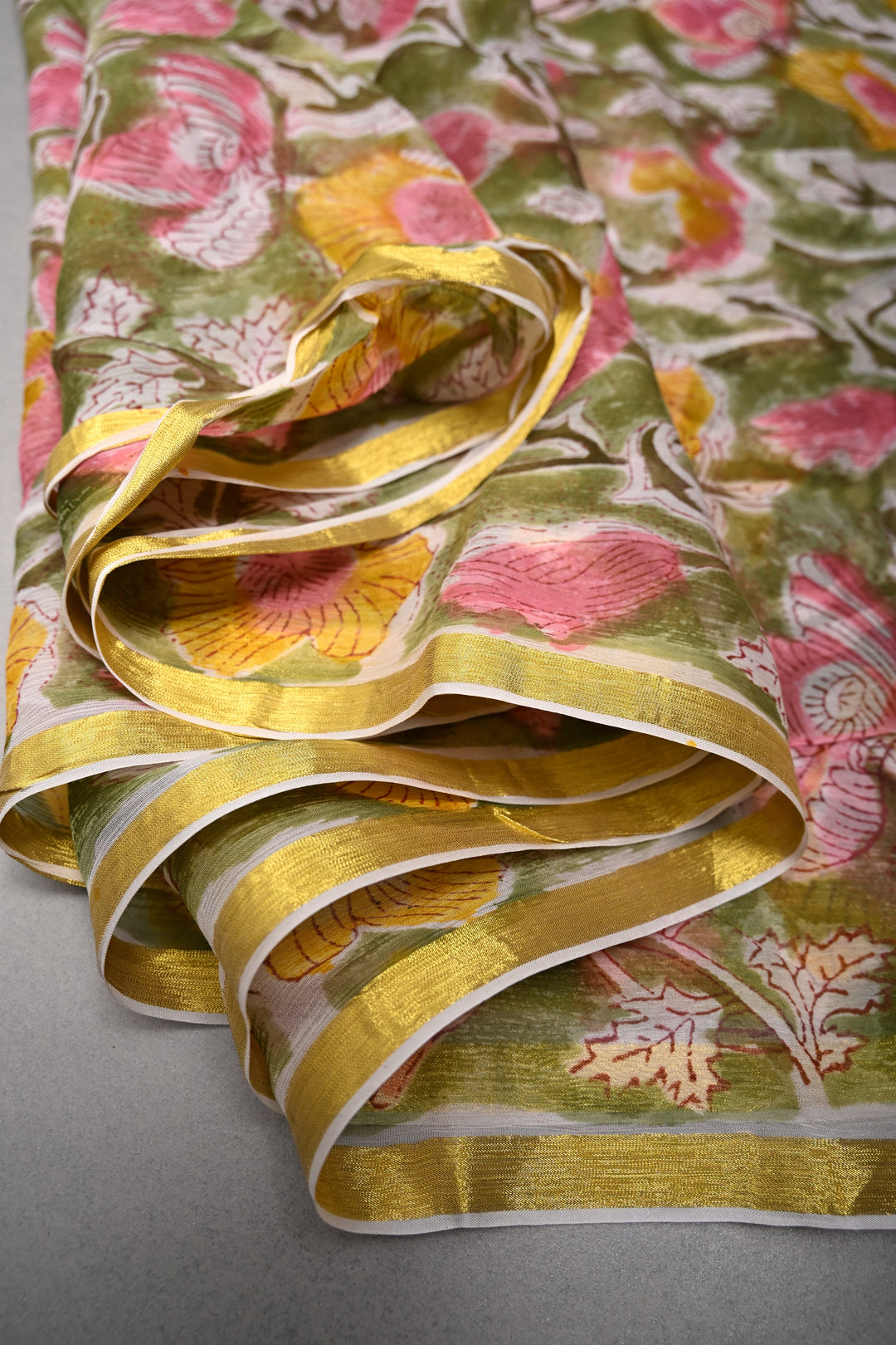 Sap Green Georgette Saree with Sanganeri Hand Block Print and Minimal Tissue Border   | SHOBITAM