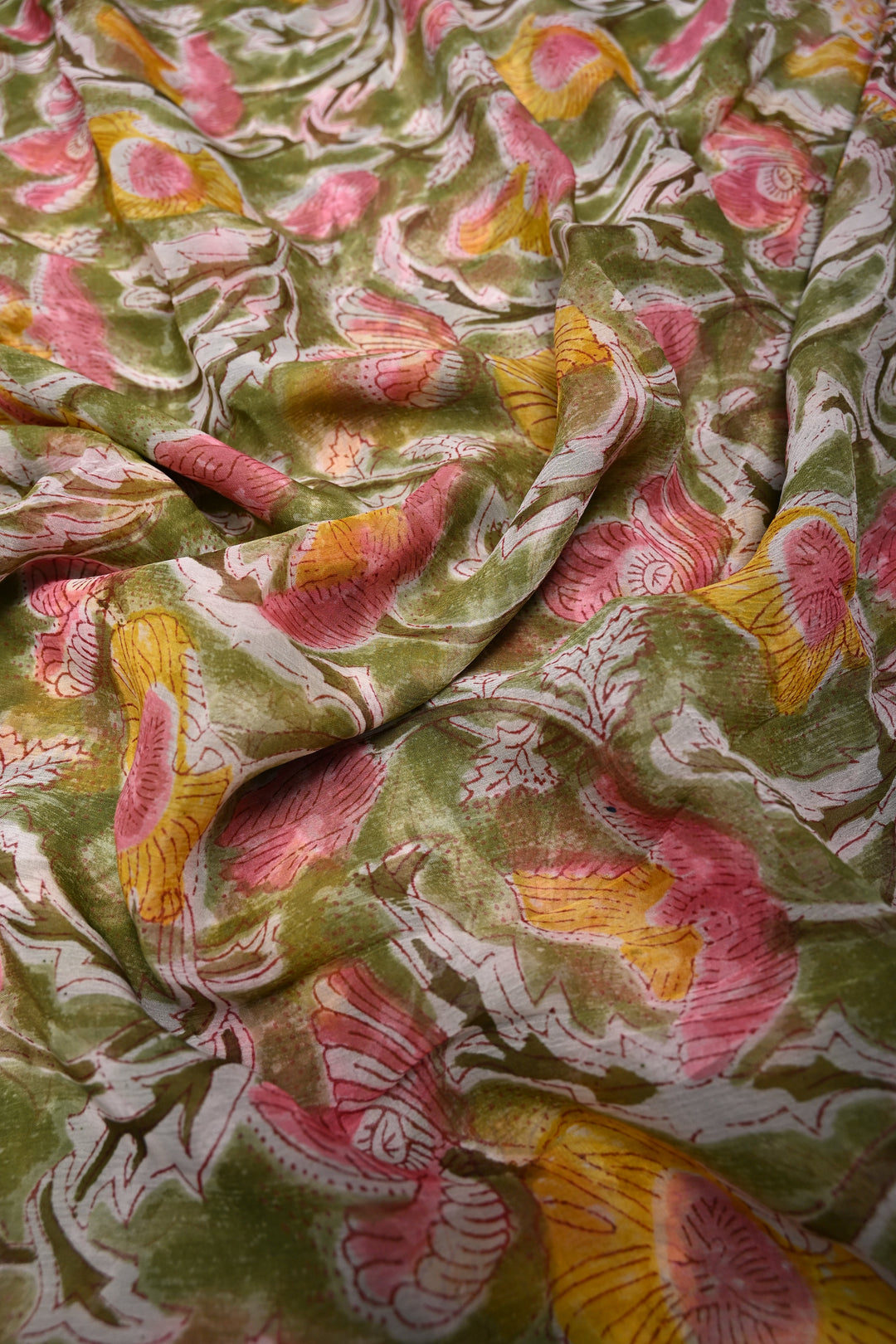 Sap Green Georgette Saree with Sanganeri Hand Block Print and Minimal Tissue Border   | SHOBITAM