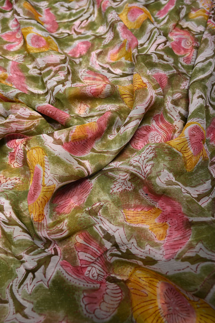 Sap Green Georgette Saree with Sanganeri Hand Block Print and Minimal Tissue Border   | SHOBITAM
