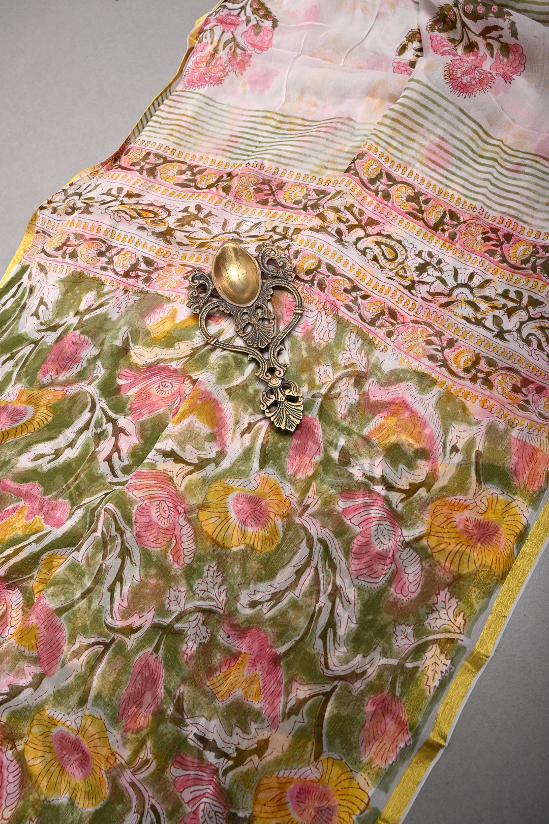 Sap Green Georgette Saree with Sanganeri Hand Block Print and Minimal Tissue Border   | SHOBITAM