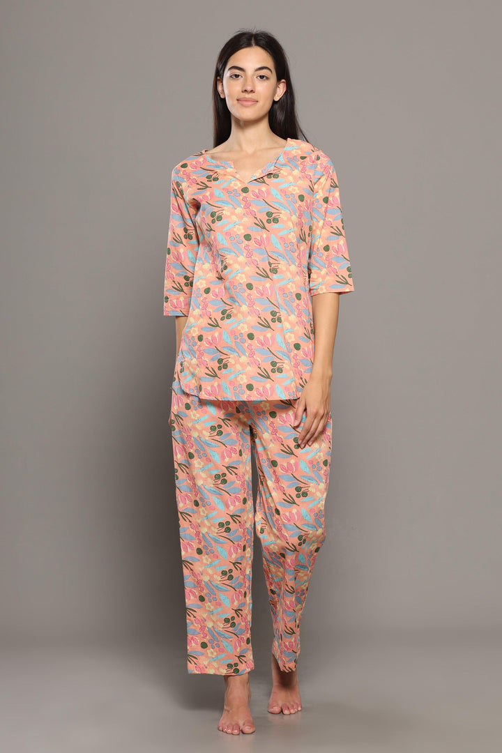 Peachy Rush Floral Cotton Printed Loungewear Co-ord Set | SHOBITAM