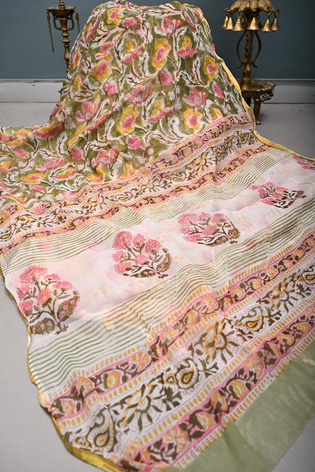 Sap Green Georgette Saree with Sanganeri Hand Block Print and Minimal Tissue Border   | SHOBITAM