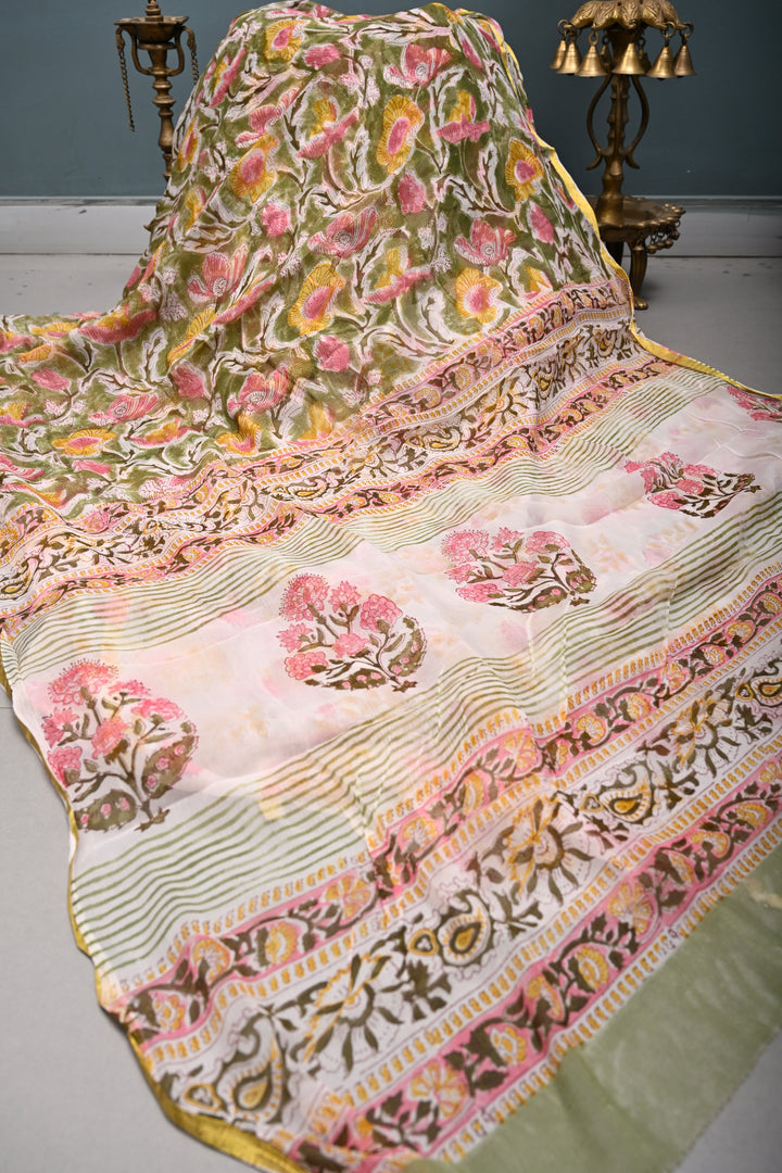 Sap Green Georgette Saree with Sanganeri Hand Block Print and Minimal Tissue Border   | SHOBITAM