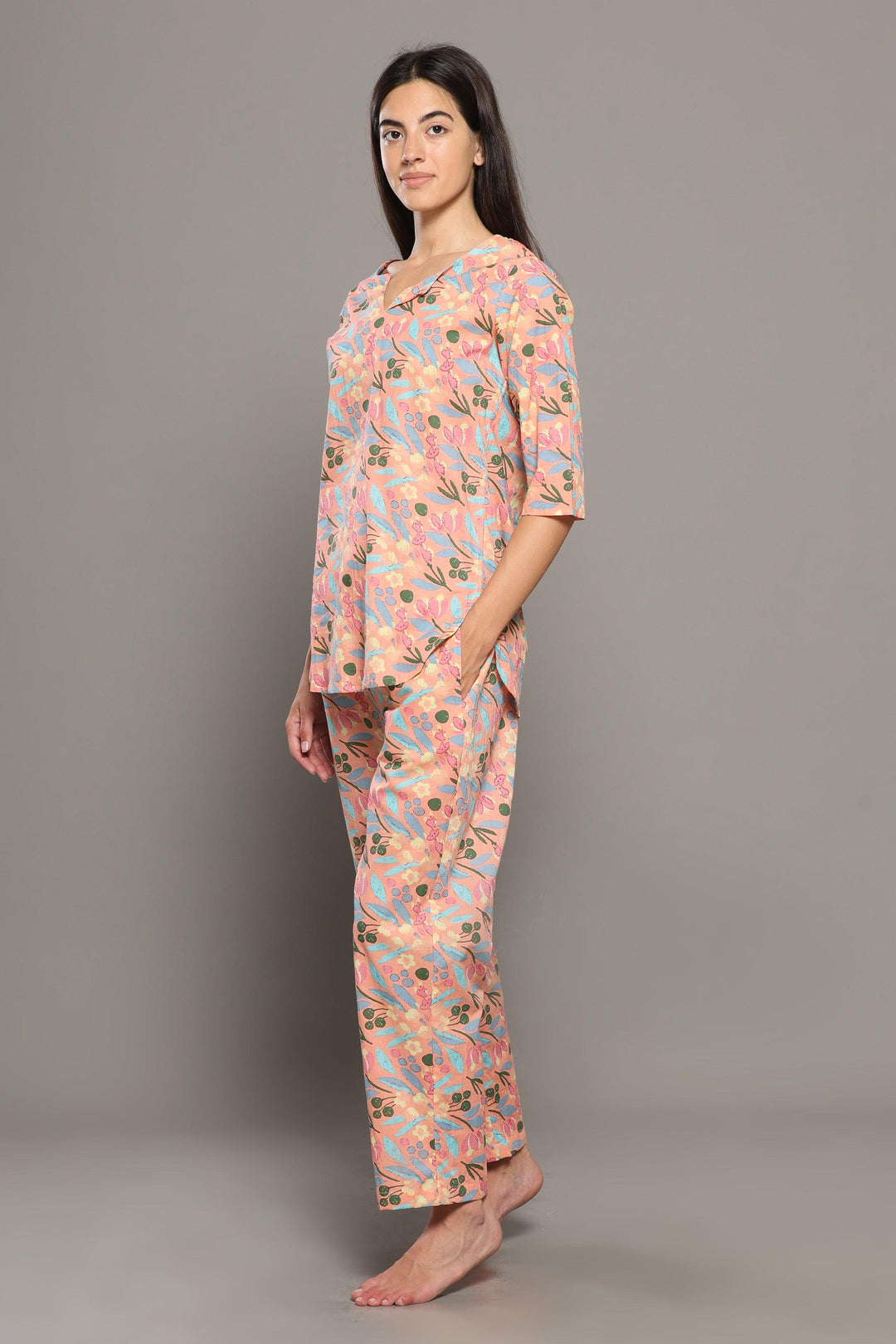 Peachy Rush Floral Cotton Printed Loungewear Co-ord Set | SHOBITAM