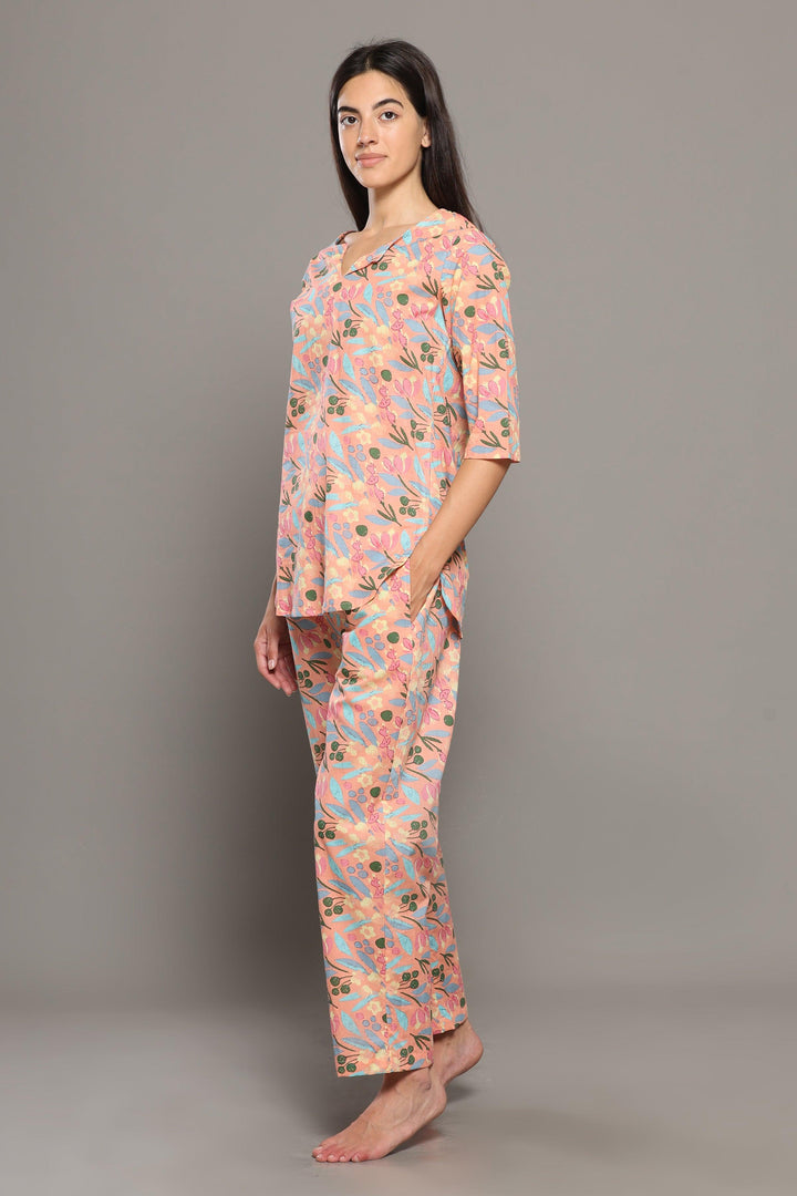 Peachy Rush Floral Cotton Printed Loungewear Co-ord Set | SHOBITAM