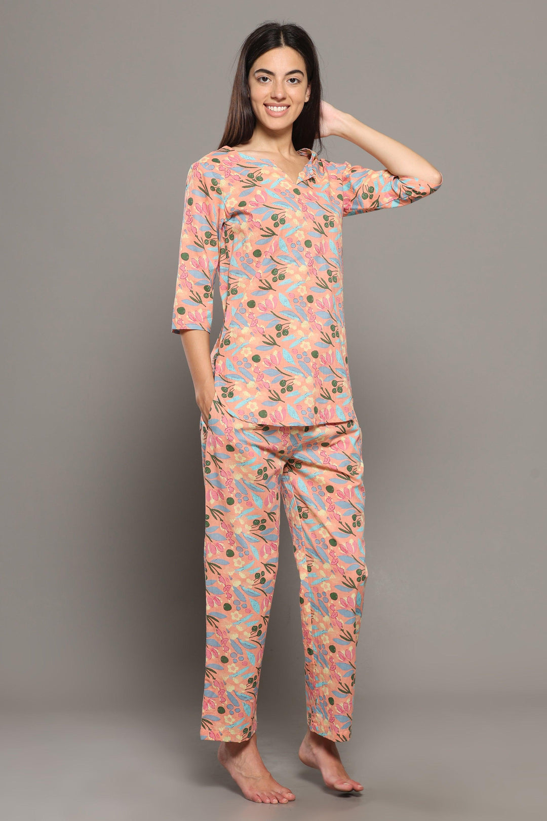 Peachy Rush Floral Cotton Printed Loungewear Co-ord Set | SHOBITAM