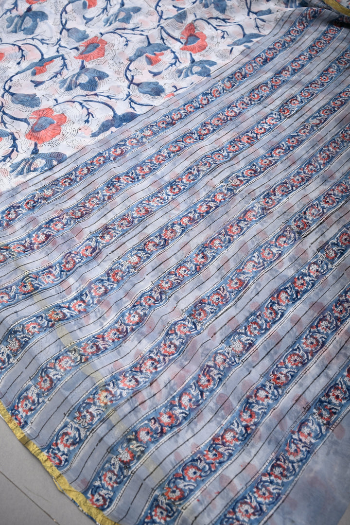 White-Blue Georgette Saree with Sanganeri Hand Block Print and Minimal Tissue Border   | SHOBITAM