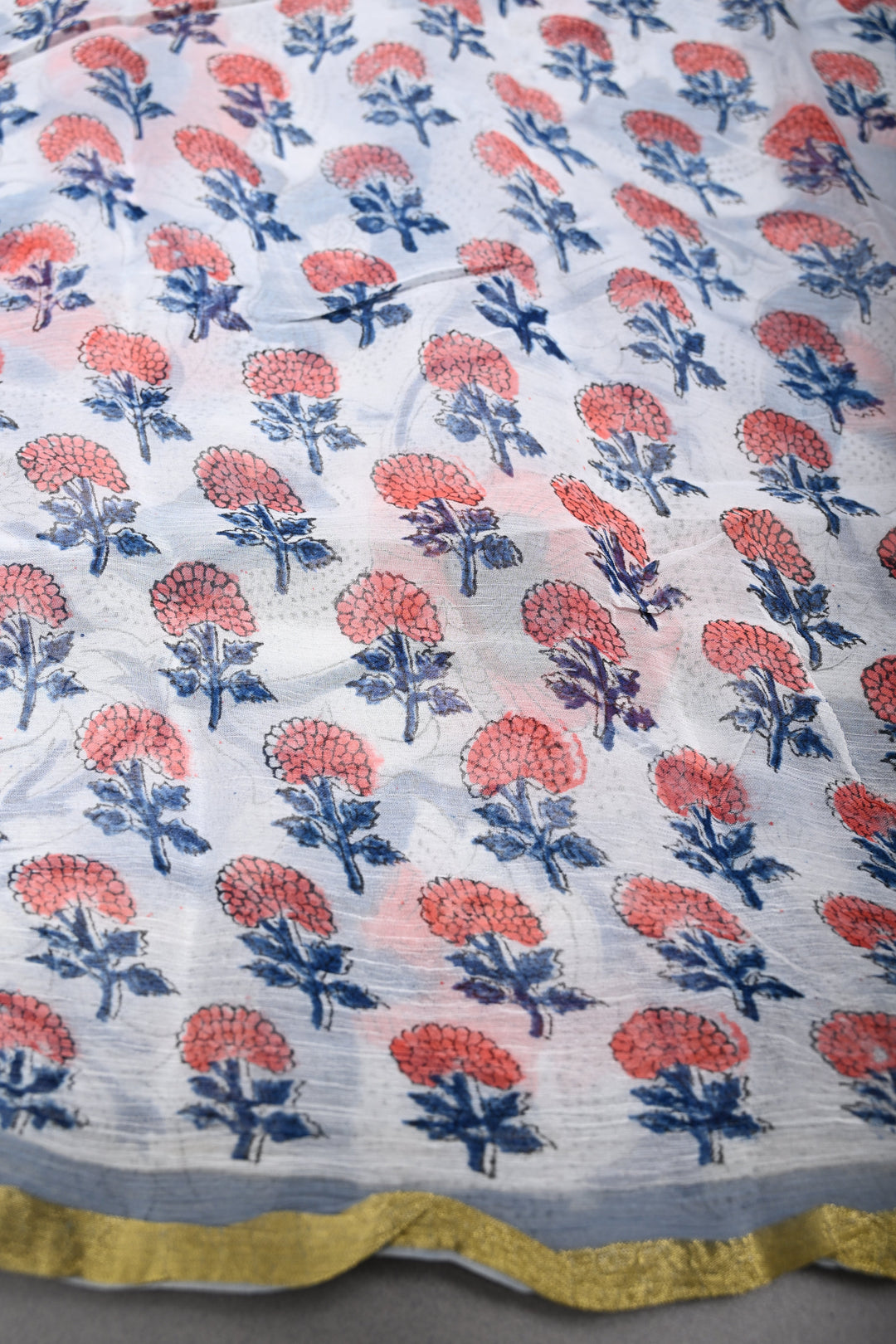 White-Blue Georgette Saree with Sanganeri Hand Block Print and Minimal Tissue Border   | SHOBITAM