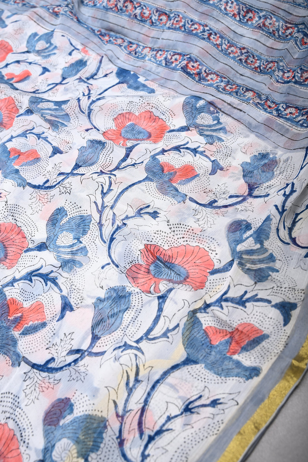 White-Blue Georgette Saree with Sanganeri Hand Block Print and Minimal Tissue Border   | SHOBITAM