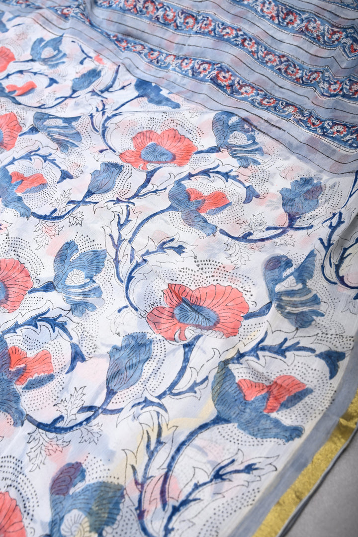 White-Blue Georgette Saree with Sanganeri Hand Block Print and Minimal Tissue Border   | SHOBITAM