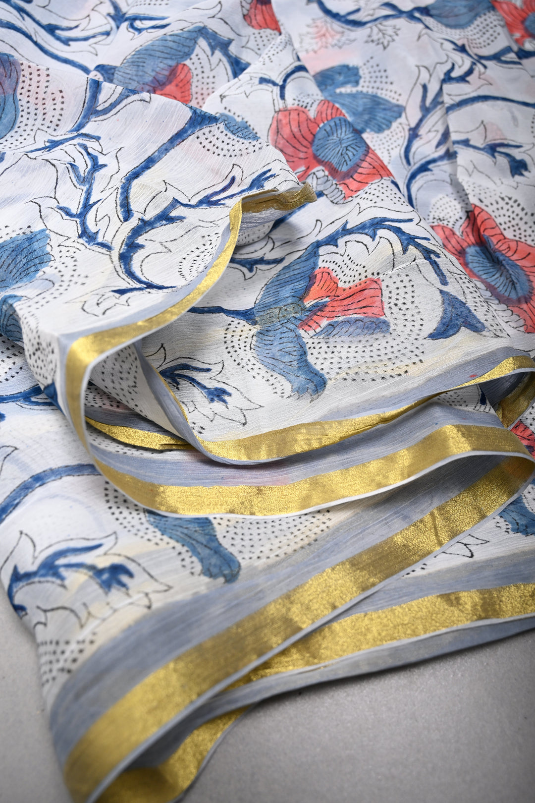White-Blue Georgette Saree with Sanganeri Hand Block Print and Minimal Tissue Border   | SHOBITAM