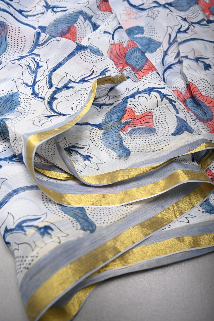 White-Blue Georgette Saree with Sanganeri Hand Block Print and Minimal Tissue Border   | SHOBITAM