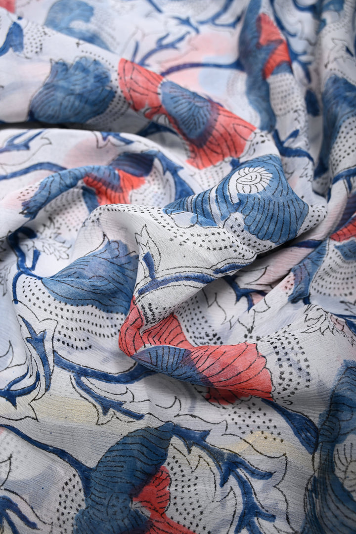 White-Blue Georgette Saree with Sanganeri Hand Block Print and Minimal Tissue Border   | SHOBITAM