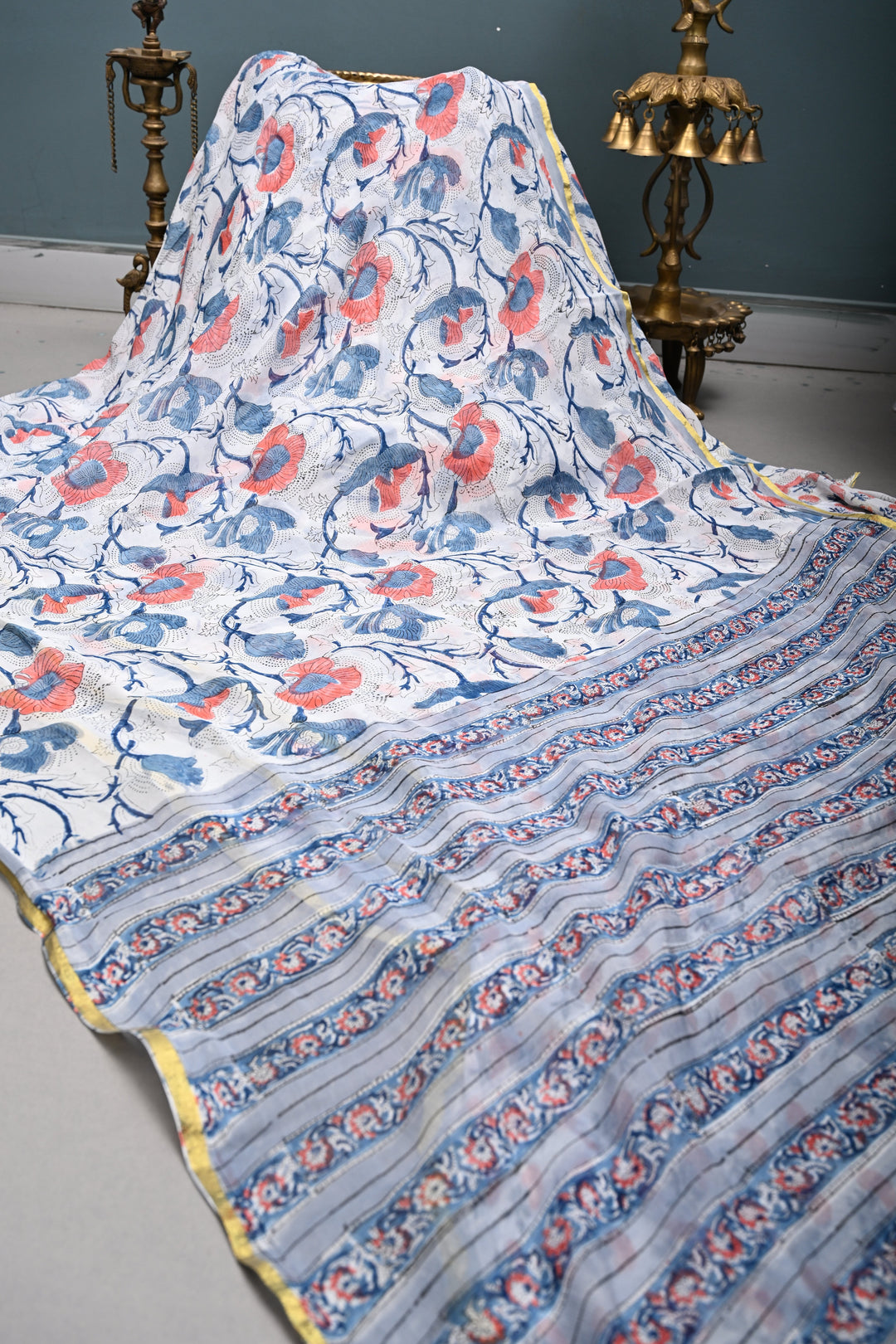 White-Blue Georgette Saree with Sanganeri Hand Block Print and Minimal Tissue Border   | SHOBITAM