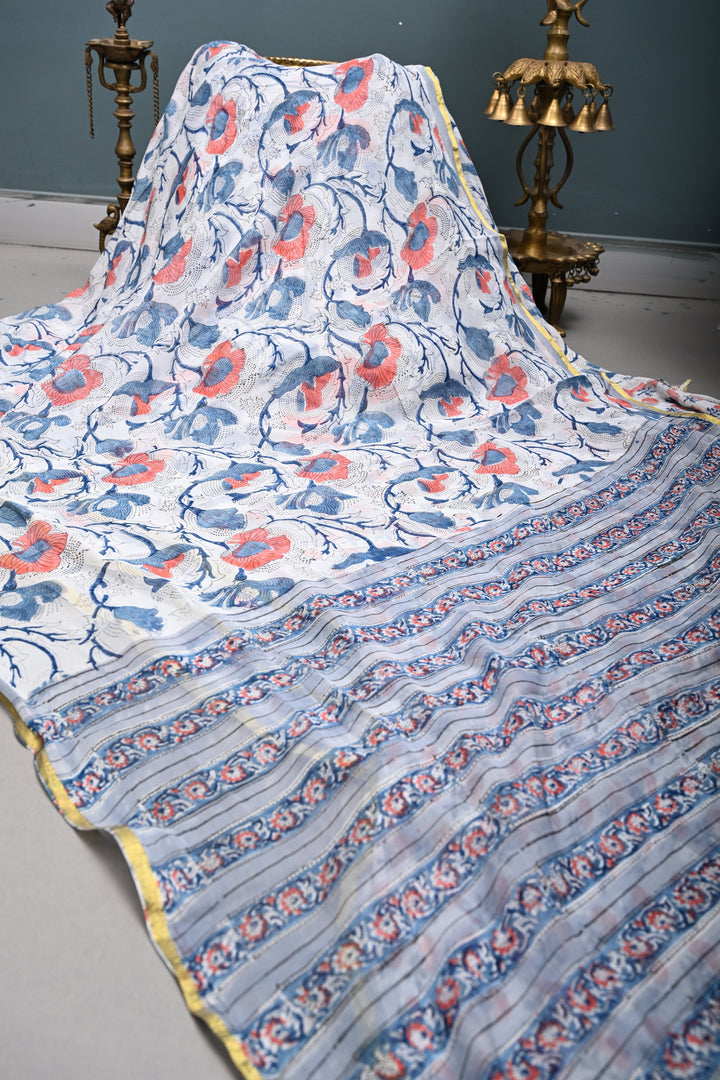 White-Blue Georgette Saree with Sanganeri Hand Block Print and Minimal Tissue Border   | SHOBITAM