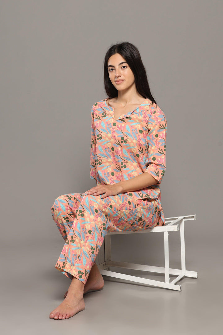Peachy Rush Floral Cotton Printed Loungewear Co-ord Set | SHOBITAM