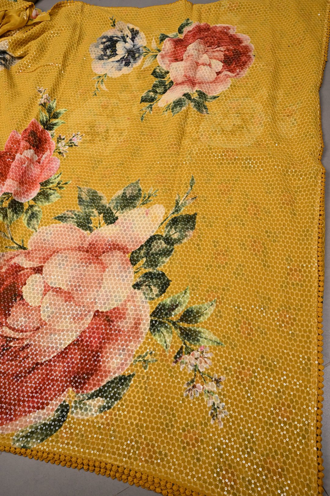 Methi Yellow Digital Floral Print on Georgette Saree with Honeycomb Self Embroidery-Sequins Detailing and Minimal Lace Border | SHOBITAM