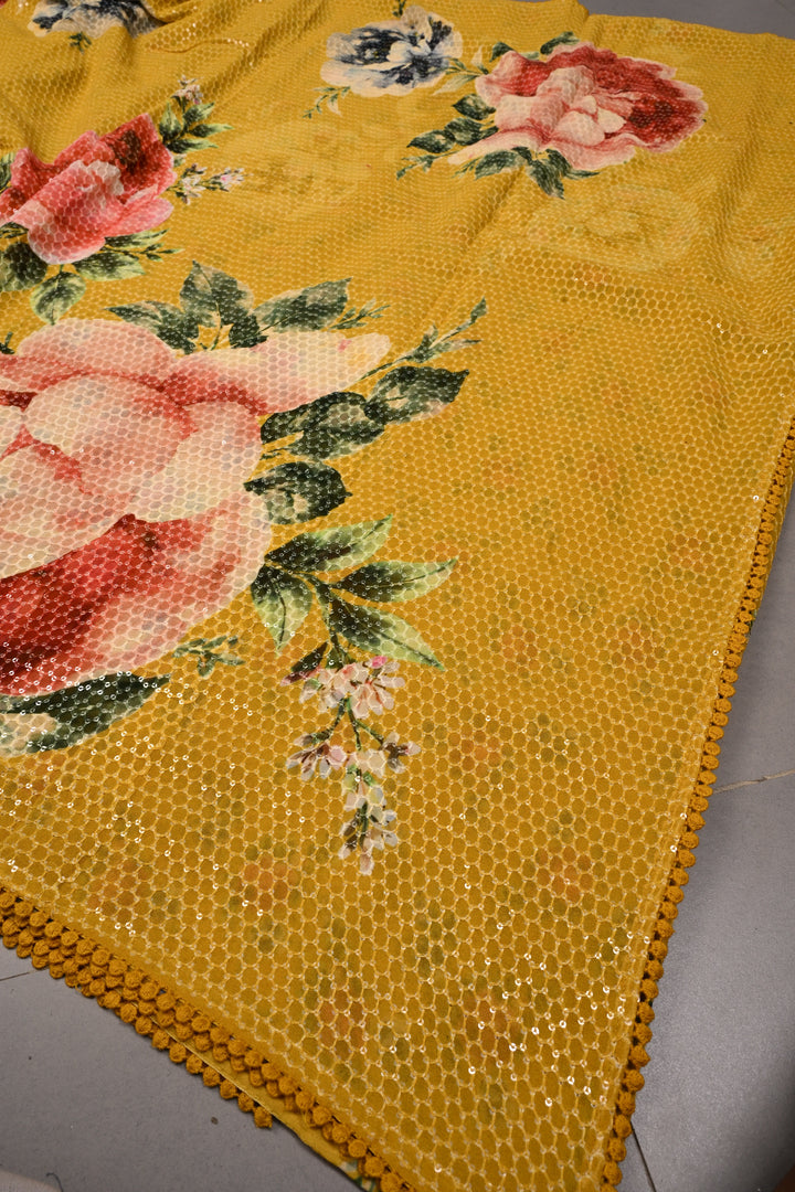Methi Yellow Digital Floral Print on Georgette Saree with Honeycomb Self Embroidery-Sequins Detailing and Minimal Lace Border | SHOBITAM
