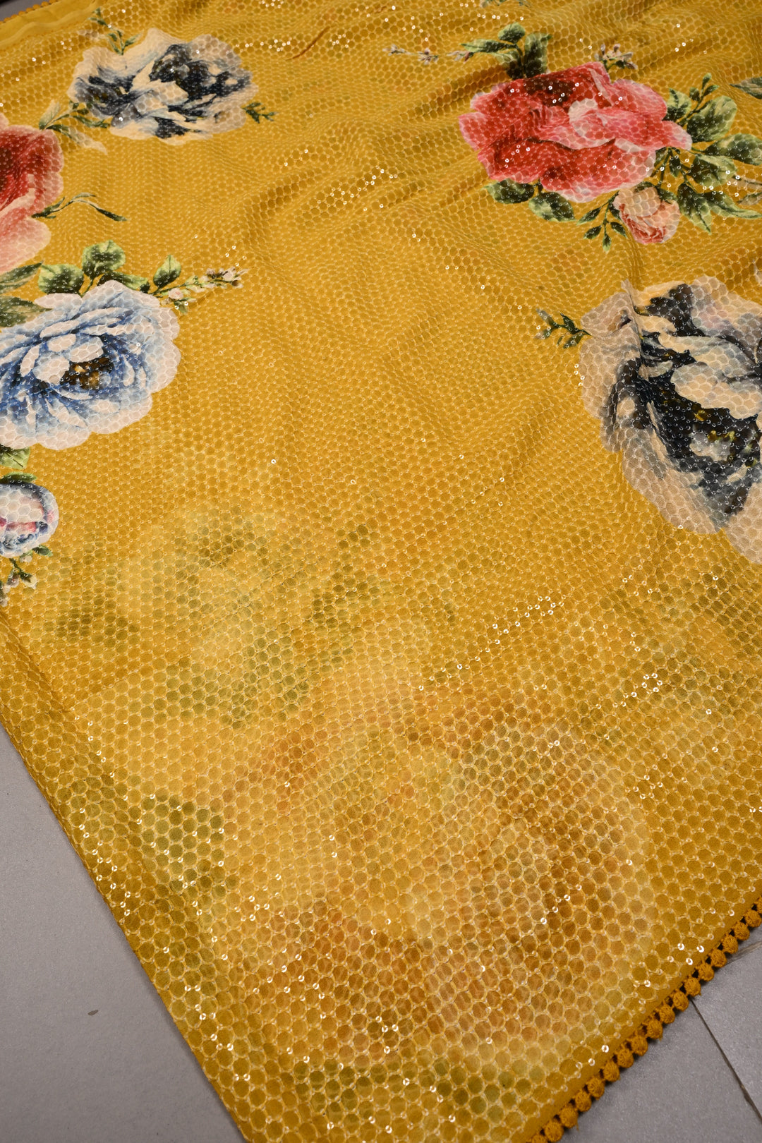 Methi Yellow Digital Floral Print on Georgette Saree with Honeycomb Self Embroidery-Sequins Detailing and Minimal Lace Border | SHOBITAM