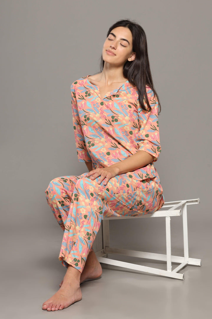 Peachy Rush Floral Cotton Printed Loungewear Co-ord Set | SHOBITAM