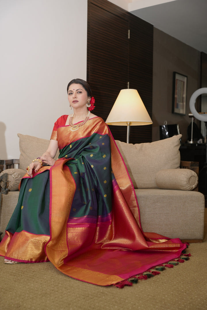Pre order Bottle Green Dual Tone Pure Kanjivaram Silk Saree with Zari Buttas and Contrast Pink Zari Border | SILK MARK CERTIFIED | SHOBITAM