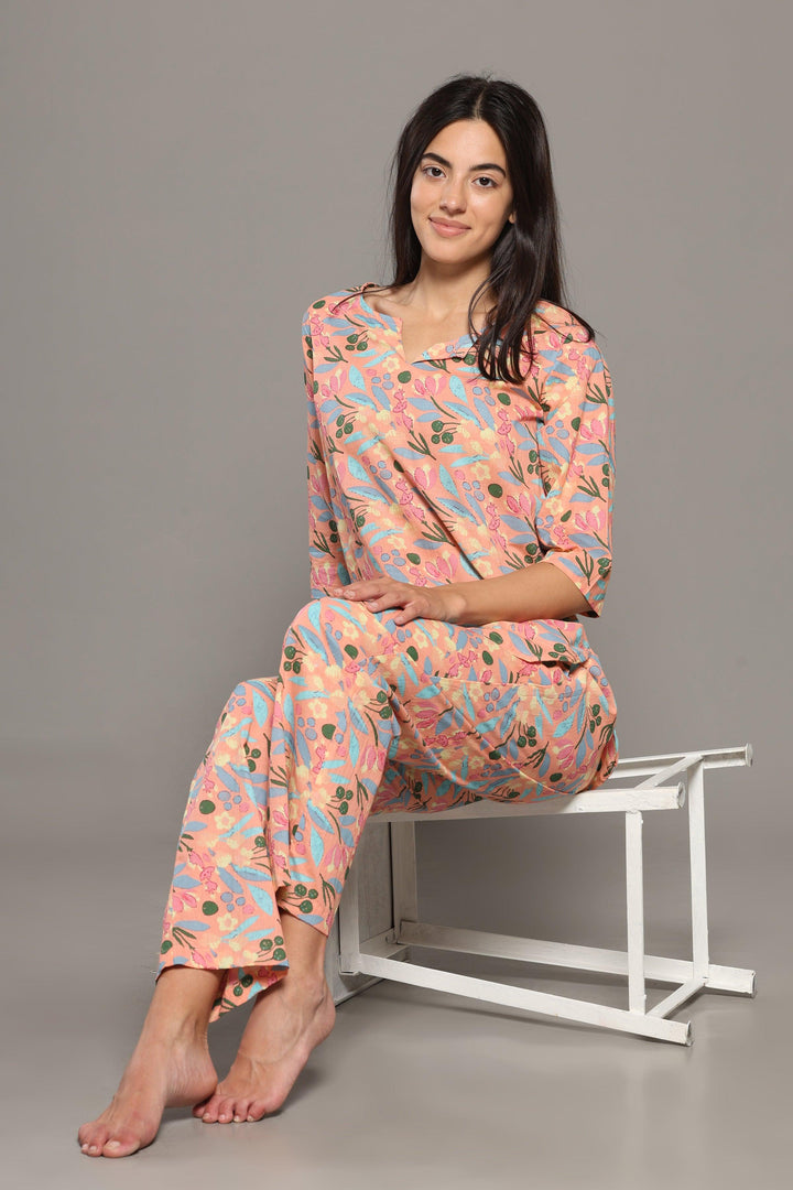 Peachy Rush Floral Cotton Printed Loungewear Co-ord Set | SHOBITAM
