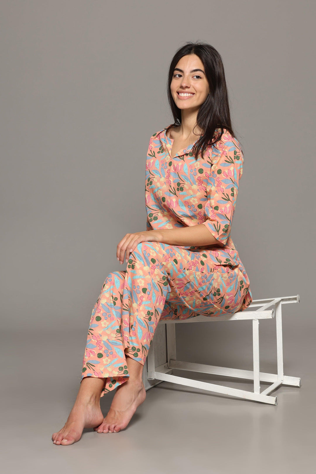 Peachy Rush Floral Cotton Printed Loungewear Co-ord Set | SHOBITAM