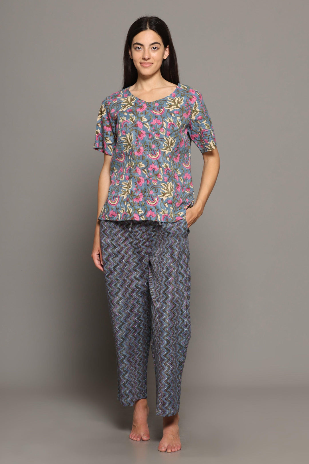 Kai Grey Cotton Printed Loungewear Co-ord Set | SHOBITAM