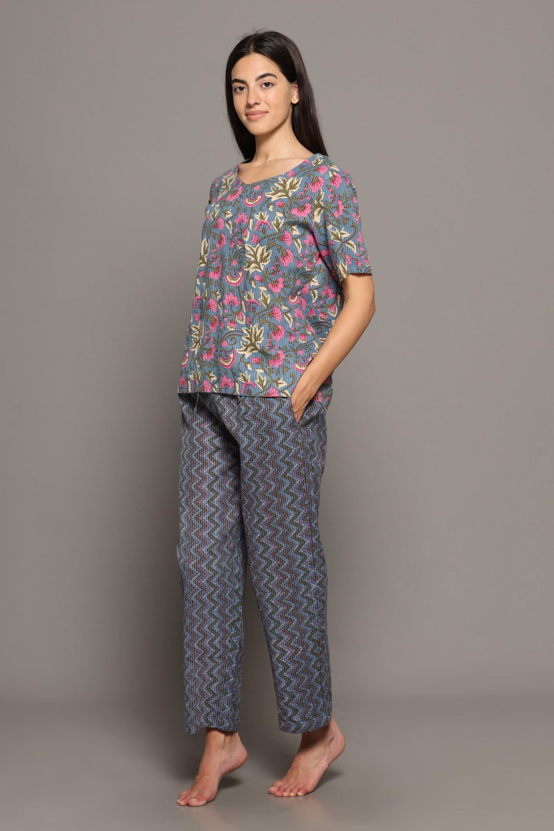 Kai Grey Cotton Printed Loungewear Co-ord Set | SHOBITAM