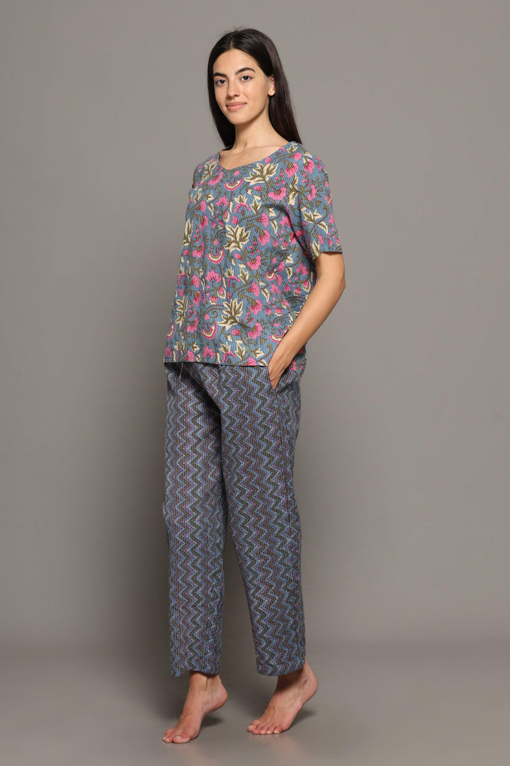Kai Grey Cotton Printed Loungewear Co-ord Set | SHOBITAM