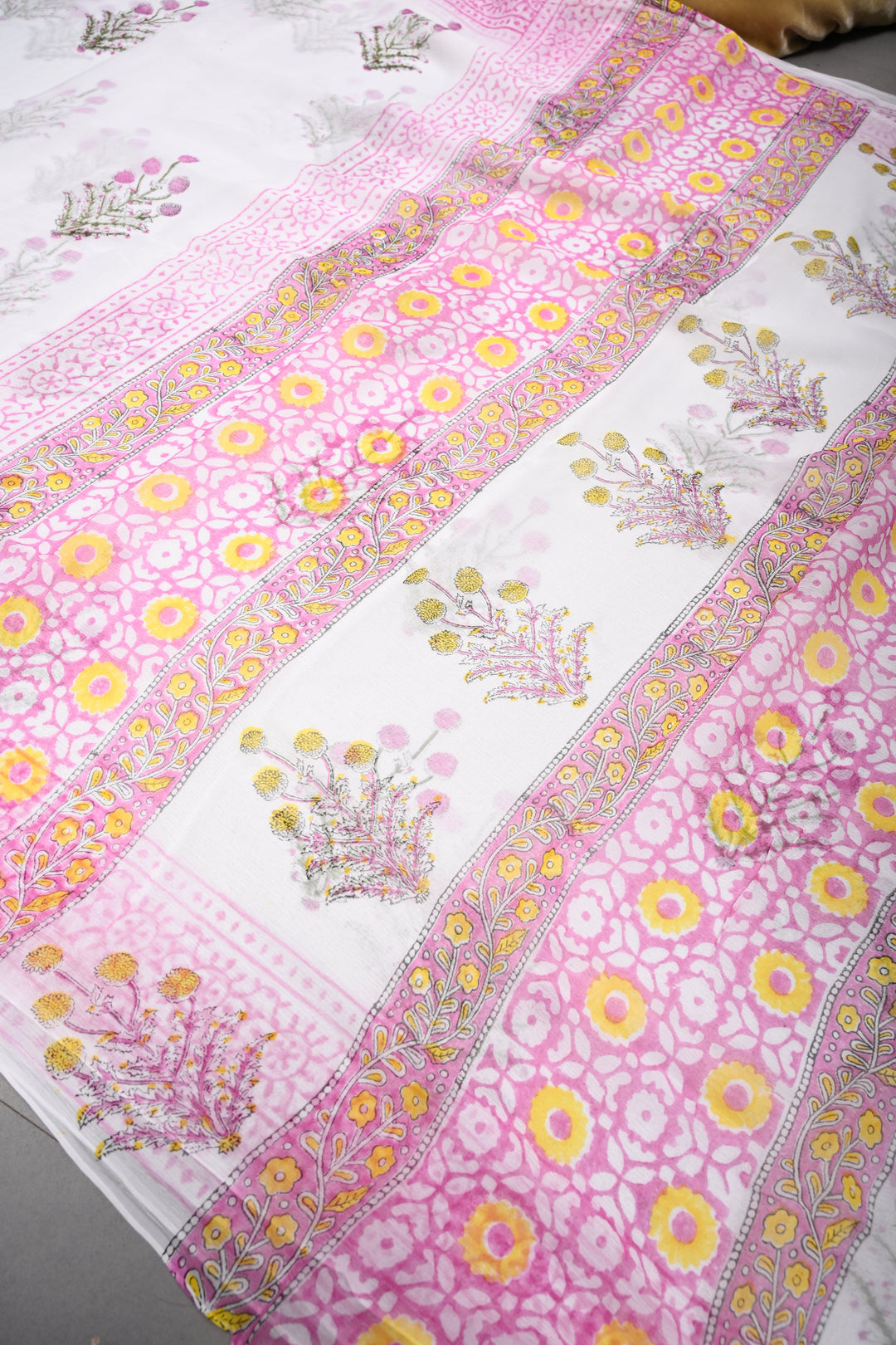 White-Pink Georgette Saree with Sanganeri Hand Block Print and Border   | SHOBITAM