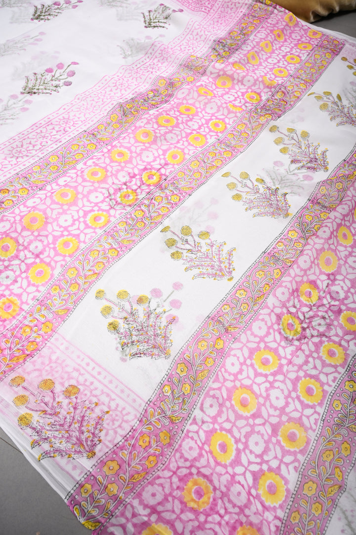 White-Pink Georgette Saree with Sanganeri Hand Block Print and Border   | SHOBITAM