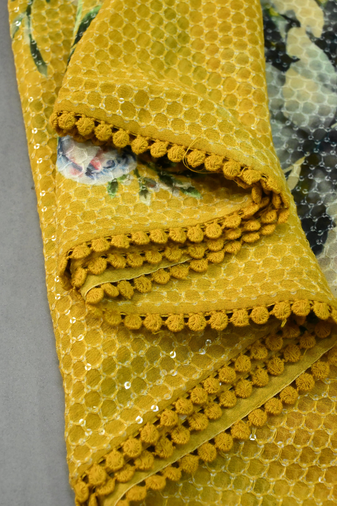 Methi Yellow Digital Floral Print on Georgette Saree with Honeycomb Self Embroidery-Sequins Detailing and Minimal Lace Border | SHOBITAM