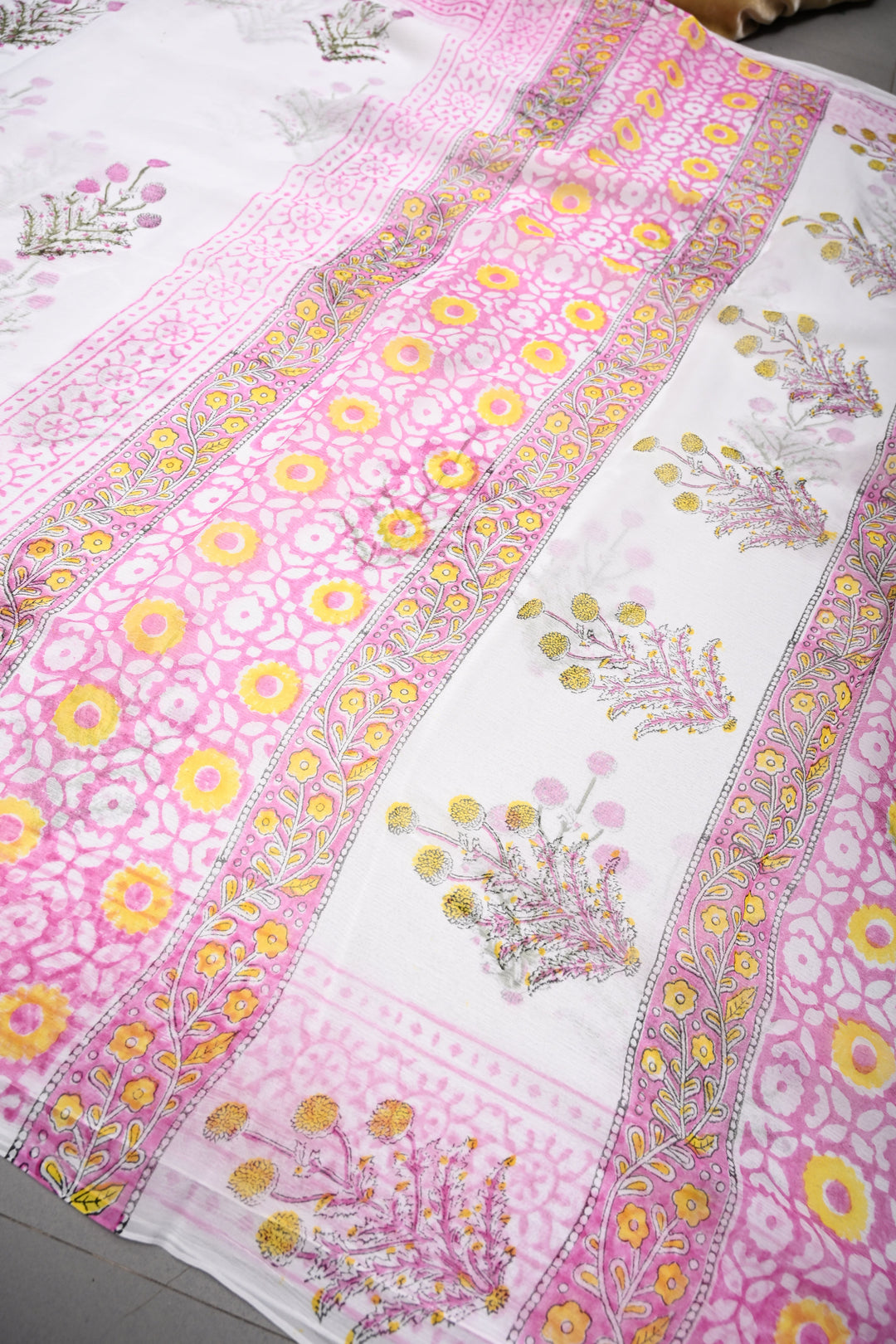 White-Pink Georgette Saree with Sanganeri Hand Block Print and Border   | SHOBITAM