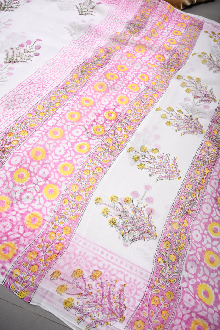White-Pink Georgette Saree with Sanganeri Hand Block Print and Border   | SHOBITAM