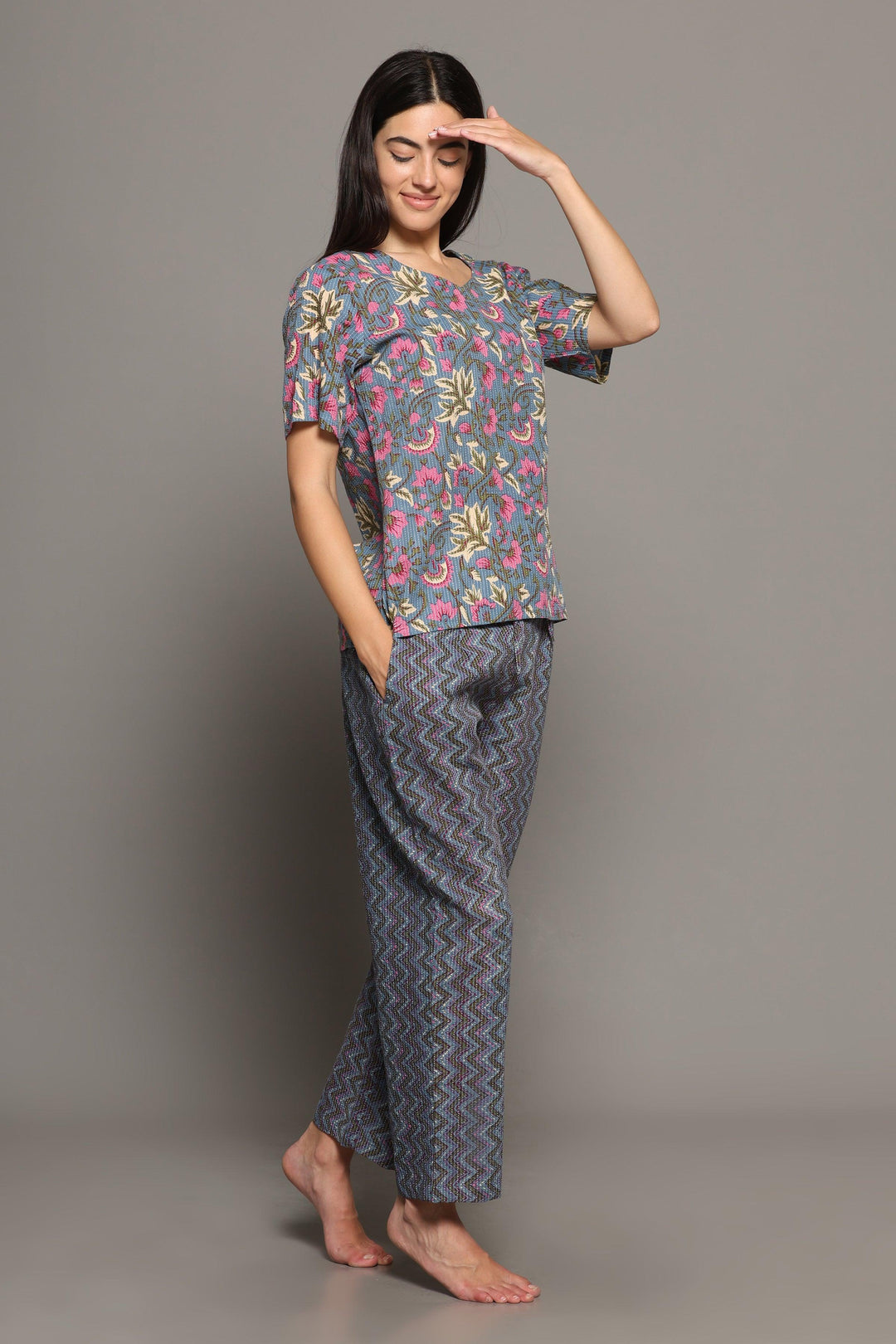 Kai Grey Cotton Printed Loungewear Co-ord Set | SHOBITAM