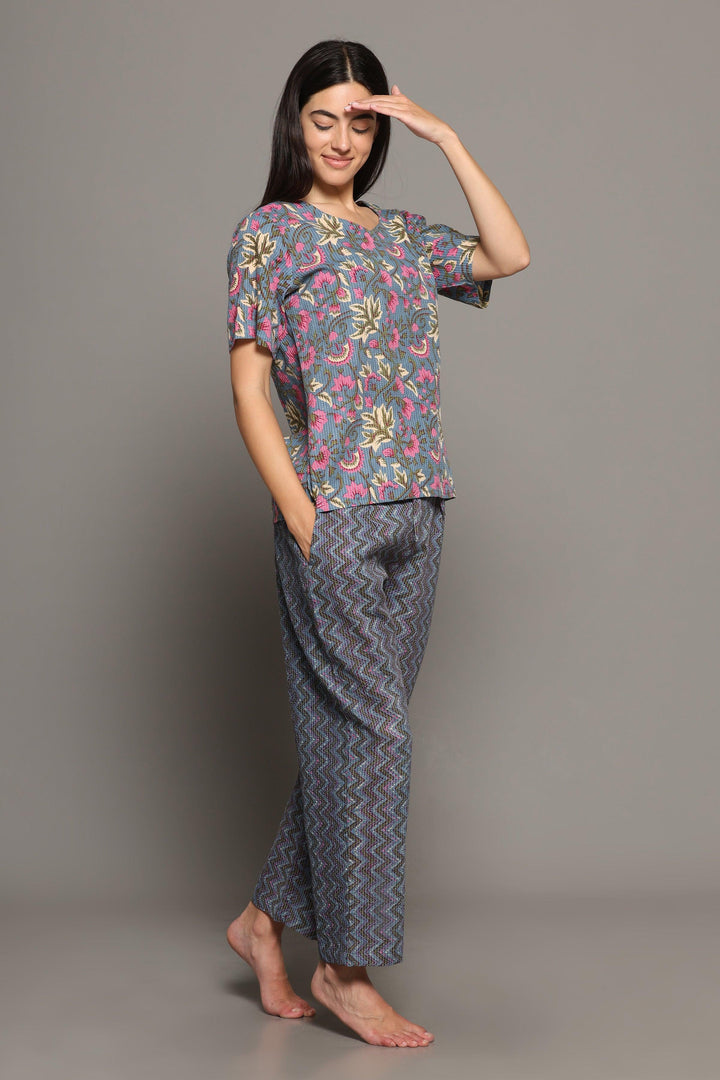 Kai Grey Cotton Printed Loungewear Co-ord Set | SHOBITAM