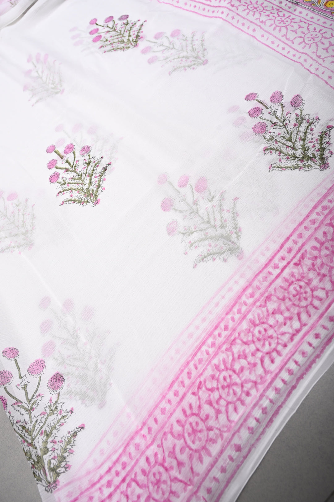 White-Pink Georgette Saree with Sanganeri Hand Block Print and Border   | SHOBITAM