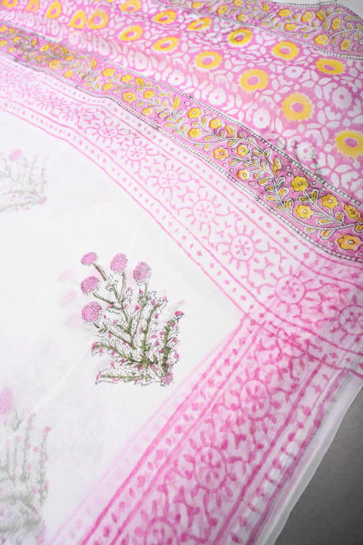 White-Pink Georgette Saree with Sanganeri Hand Block Print and Border   | SHOBITAM