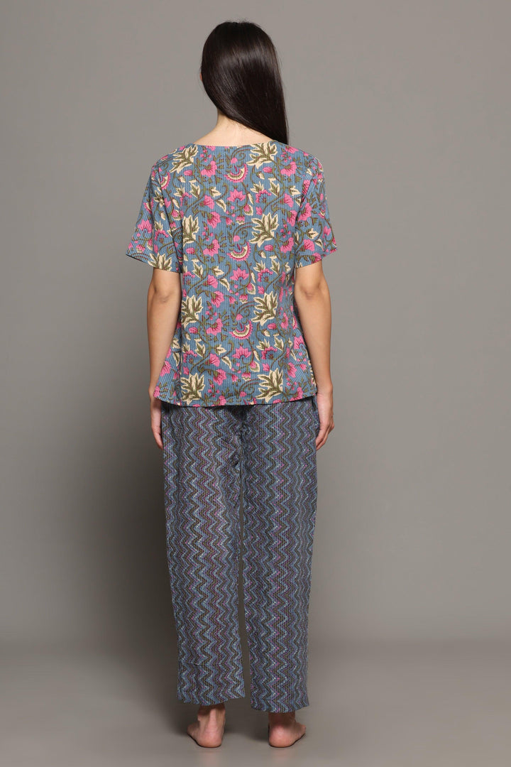 Kai Grey Cotton Printed Loungewear Co-ord Set | SHOBITAM
