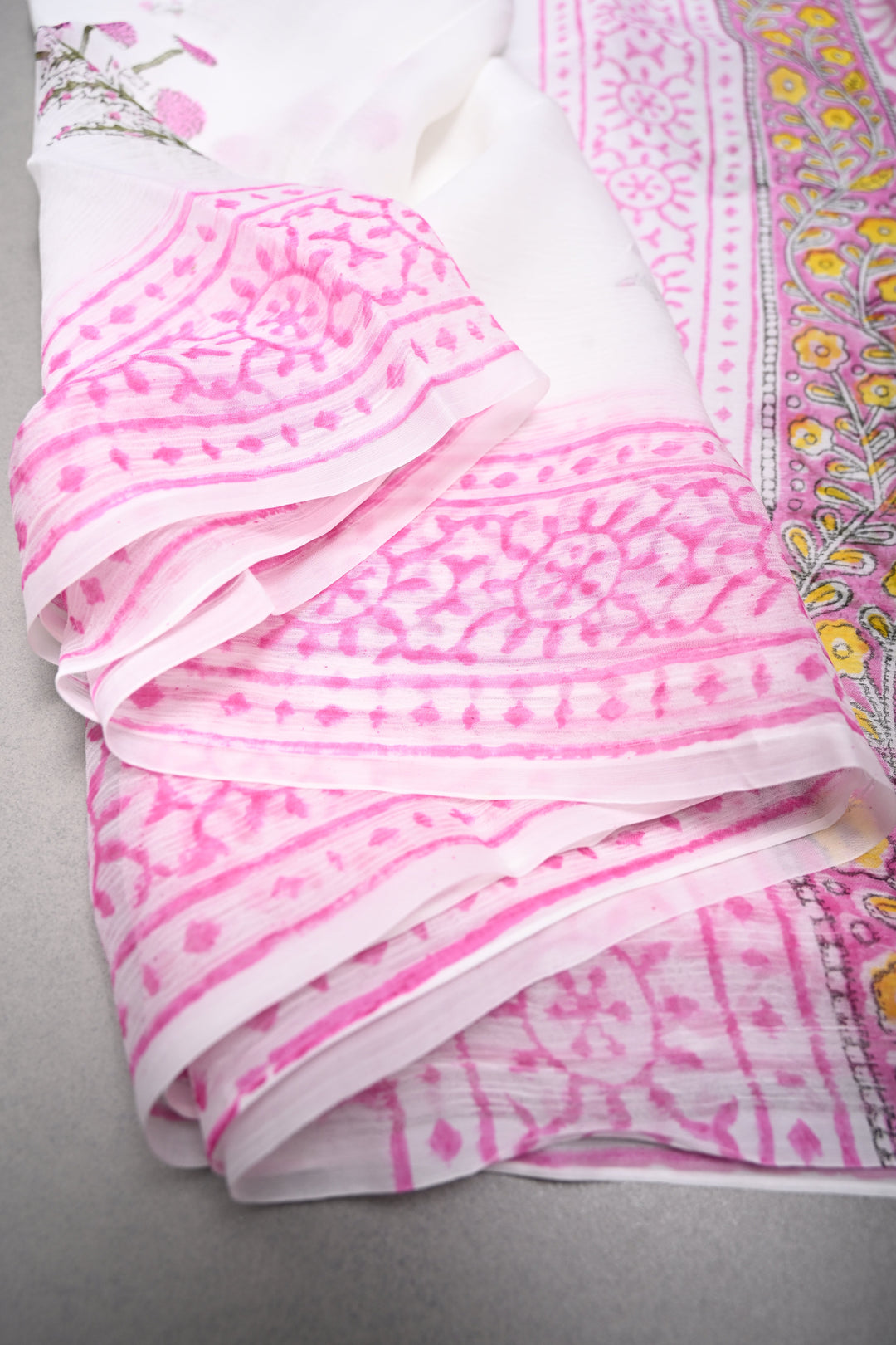 White-Pink Georgette Saree with Sanganeri Hand Block Print and Border   | SHOBITAM