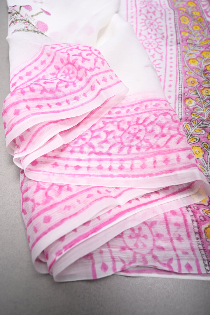 White-Pink Georgette Saree with Sanganeri Hand Block Print and Border   | SHOBITAM